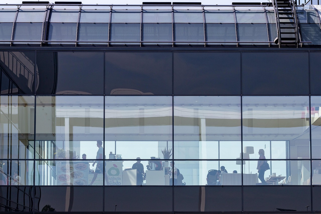 glass, catering, architecture, building, urban, passage, people